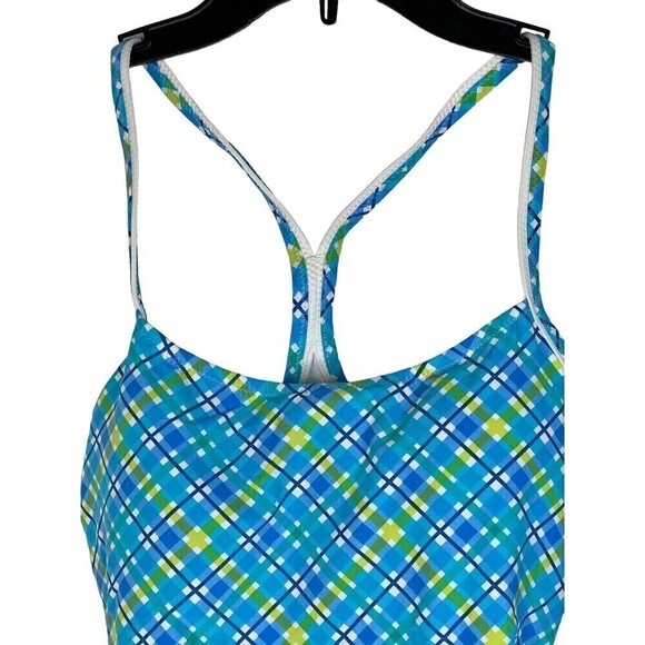 NWT TYR Women's Phoenix Blue Plaid Tankini Built in Bra Swimsuit Gym Top Size 8 - Picture 2 of 10